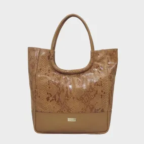 'PENNY' Tan Python Snake Print Real Leather Tote Bag